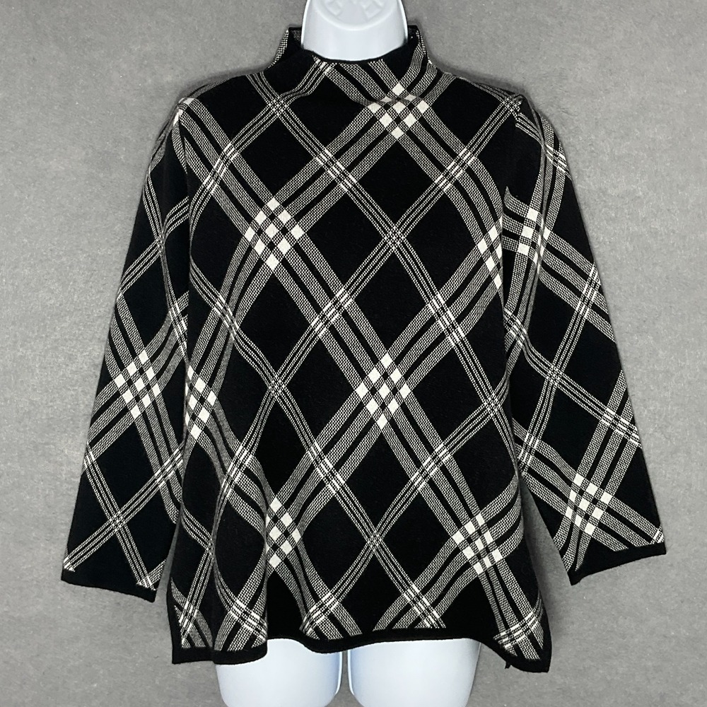 Anne Klein Women's Mock Neck Top Sweater Black White Flare Hem Women's Size M